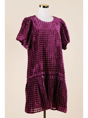 Sz L Uncle Frank Plum Velvet Polka Dot Puff Sleeve Burnout Midi Dress NWT